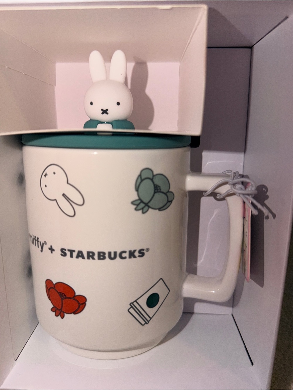 Starbucks White Mug with Teal Lid and Miffy Bunny Topper